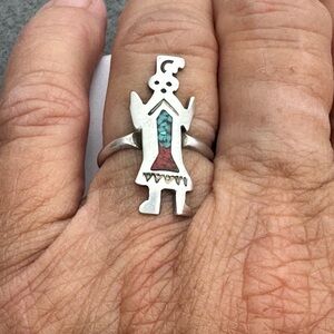 Sterling Silver Hopi Kachina Turquoise Coral Ring Size 6 vintage